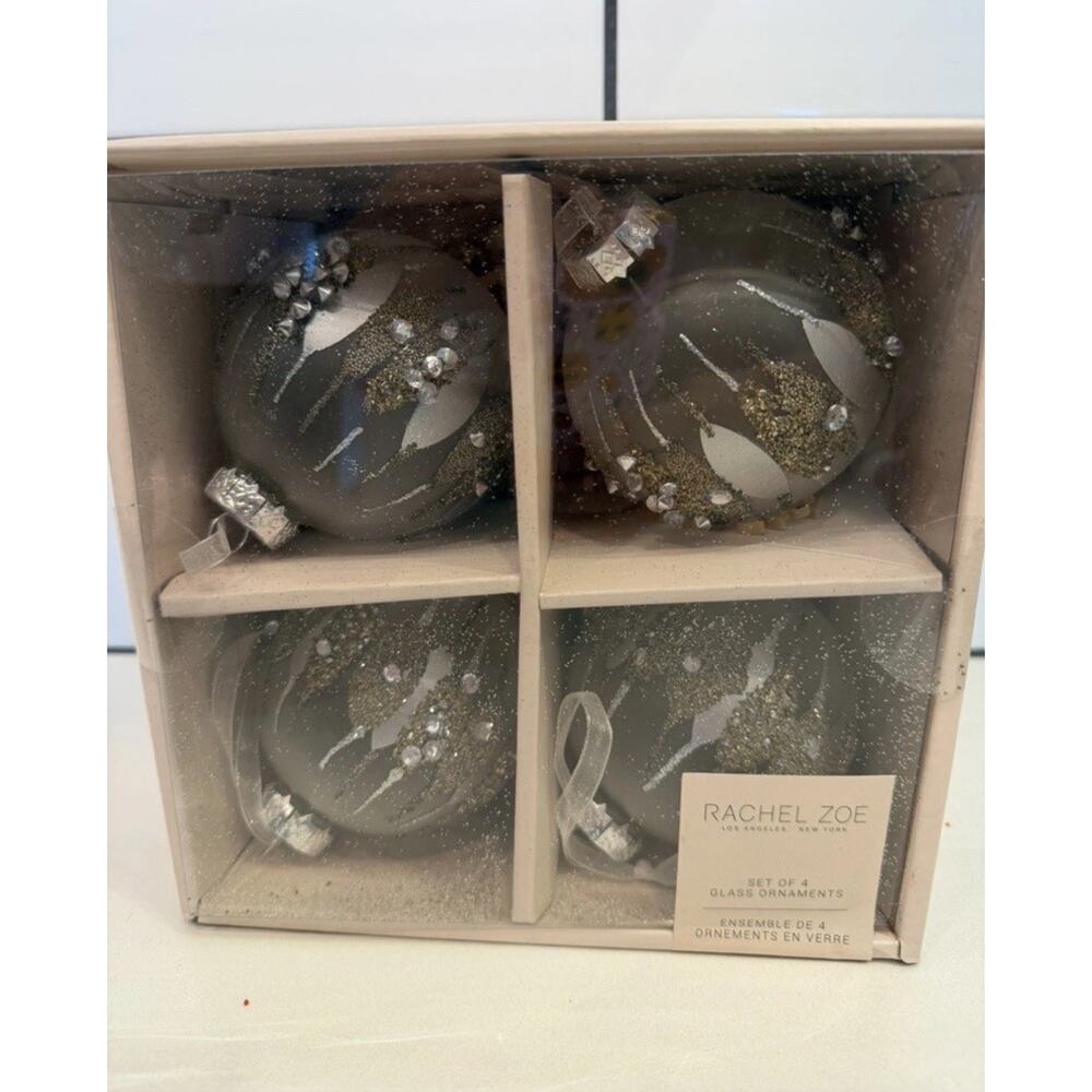 Rachel Zoe Silver Sparkle Christmas Glass Ball Ornament Set of 4 Beaded Stars 4"